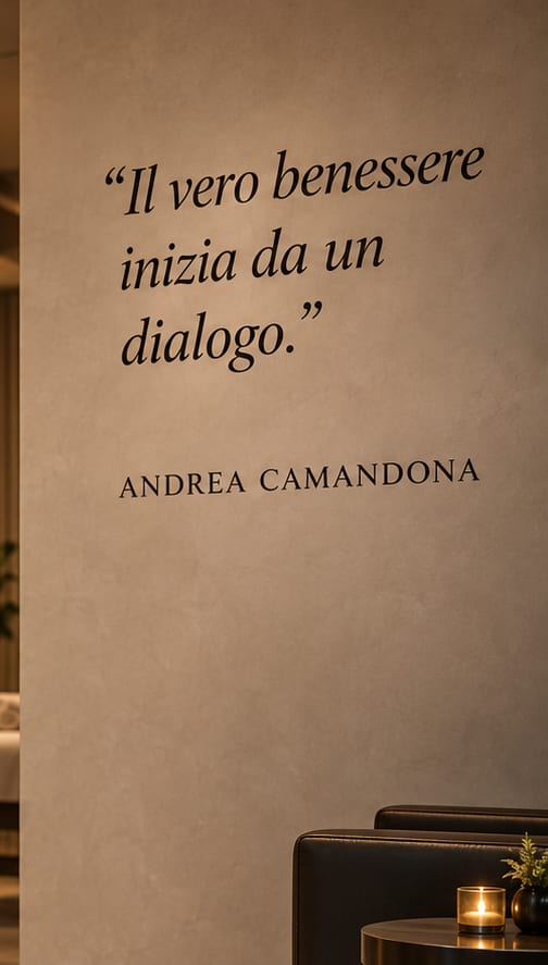 Parete del centro con la citazione di Andrea Camandona: Il vero benessere inizia da un dialogo