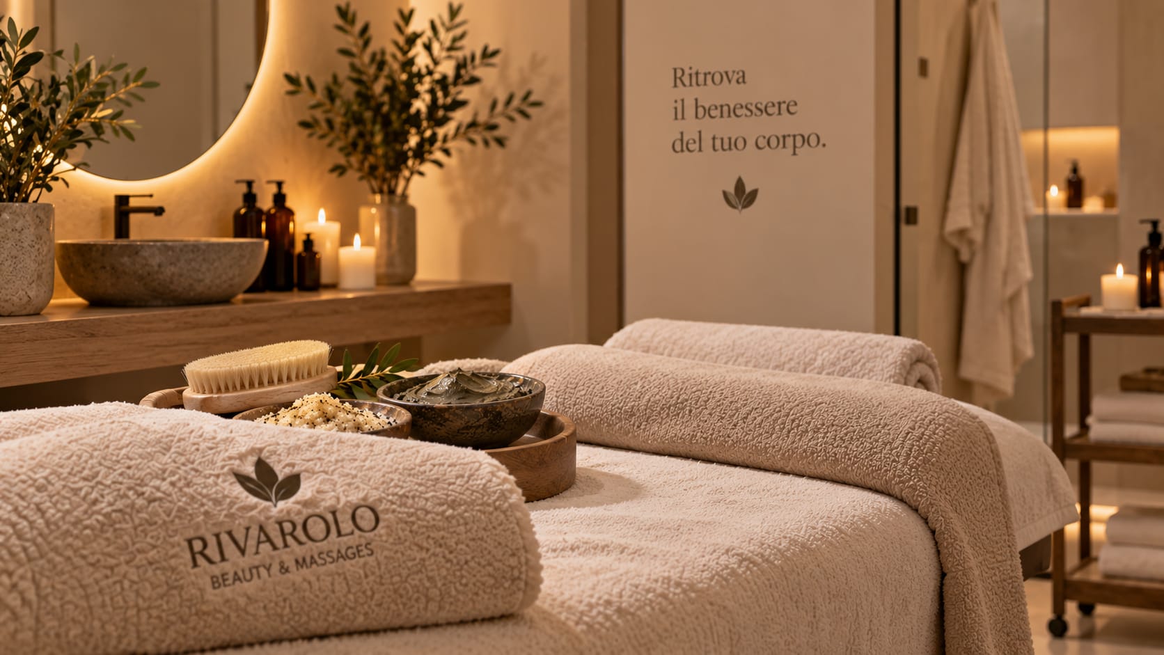 Sala trattamenti Rivarolo Beauty & Massages con lettino, asciugamani ricamati e candele
