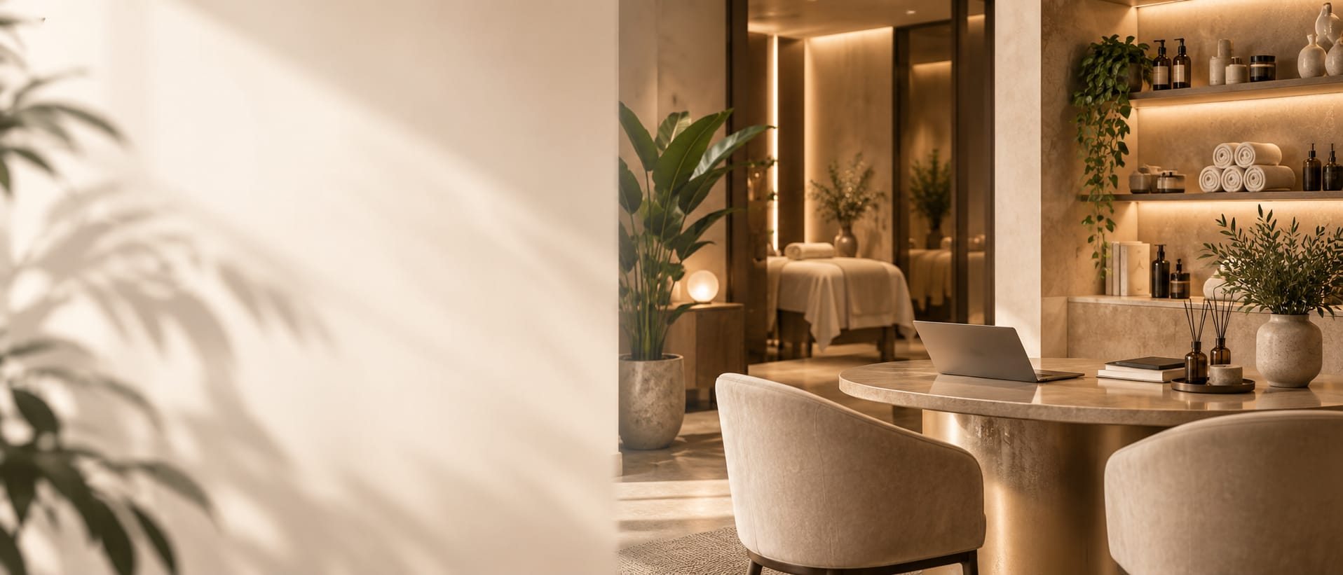 Scrivania per consulenze con laptop in un centro benessere, con la sala trattamenti sullo sfondo
