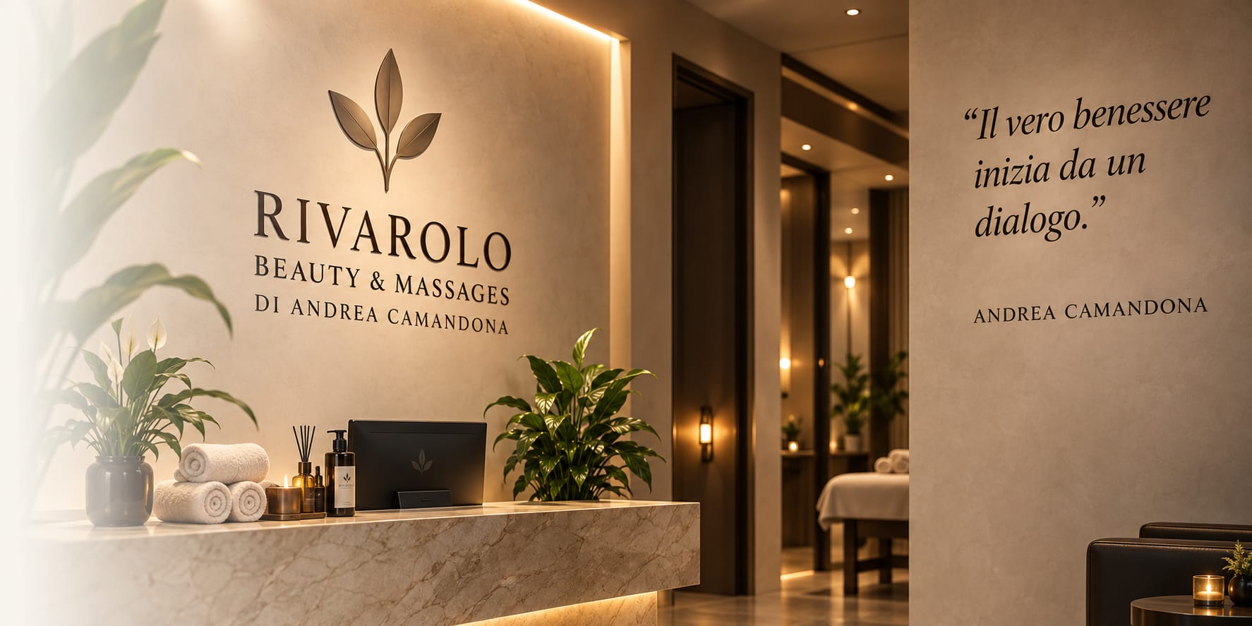 Reception del centro con la citazione Il vero benessere inizia da un dialogo